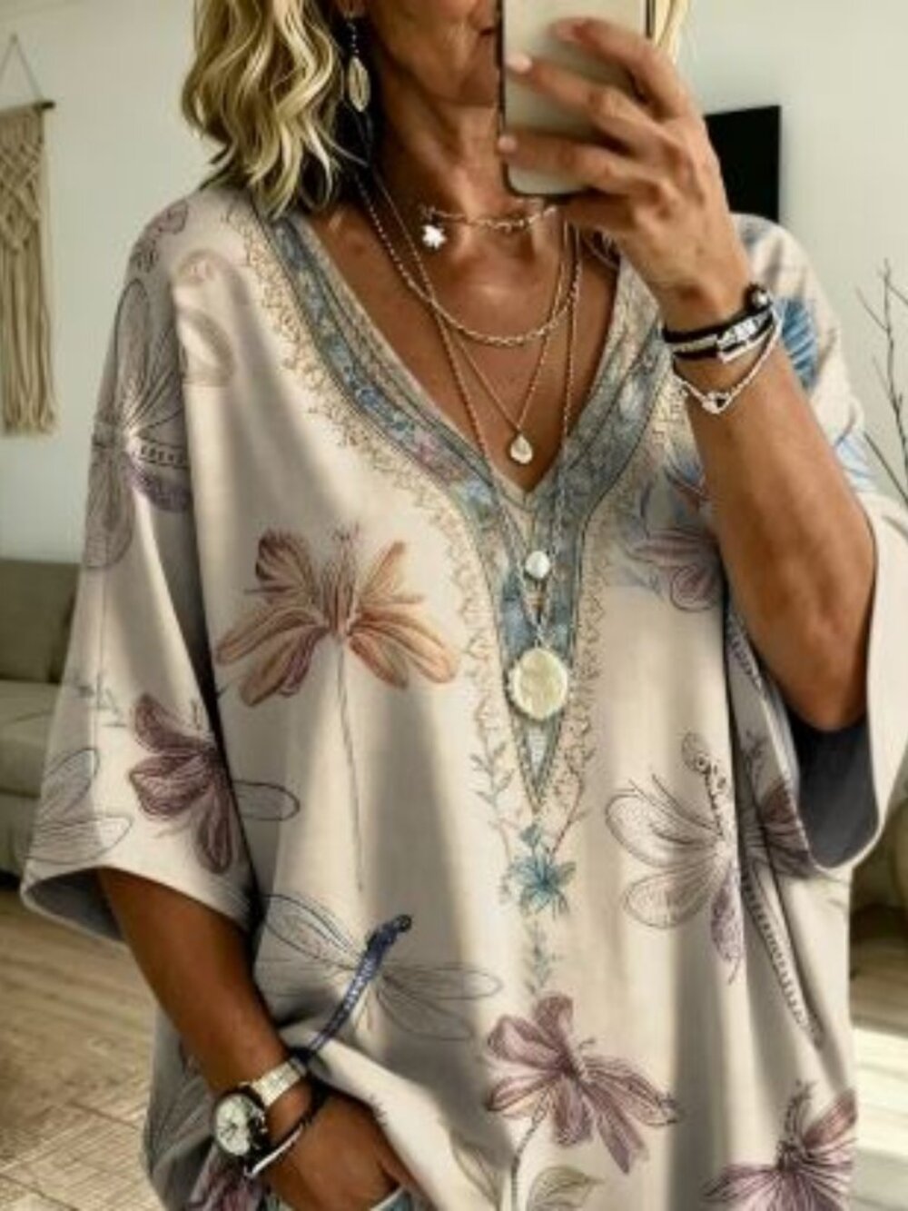 Women's Dragonfly Floral Print V-Neck Tunic Top